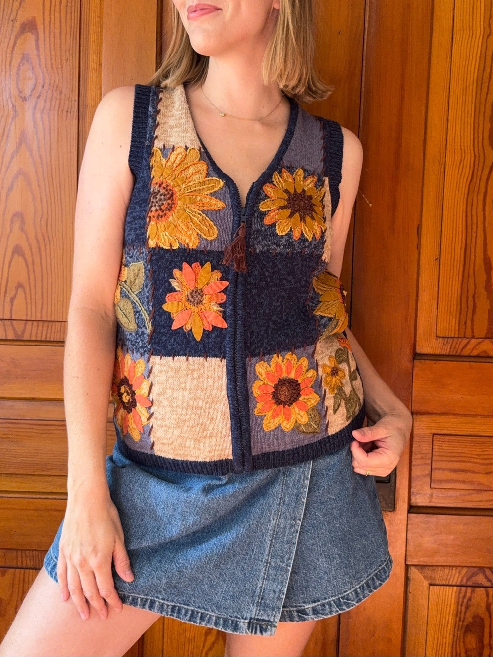 Tiara Navy Floral Patchwork Knit Vest with Sunflower Panels